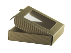 Pudełko z okienkiem 100x100x20 mm karbowane kraft - widok z boku
