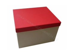 Pudełko na koperty 300x250x200 mm matowe czerwone wieczko spód ecru zamknięte widok z ukosa
