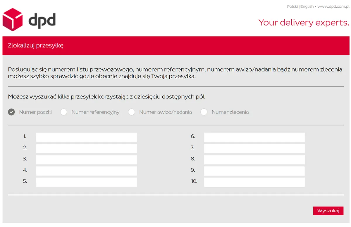 DPD śledzenie przesyłki – formularz do wpisania numeru paczki